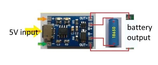 TP4056 įkroviklio modulis su 5V pajungimo schema