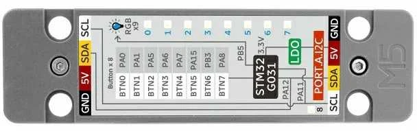 Byte Mygtukų blokas – 8 mygtukų modulis + 9 WS2812C RGB diodai – Įrenginio išplėtimo modulis – M5Stack U192