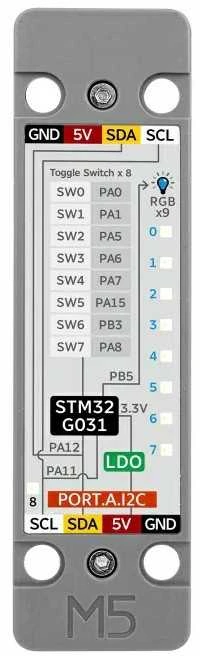 ByteSwitch – 8 jungikliai + 9 WS2812C RGB diodai – STM32G031 – Bloko išplėtimo modulis – M5Stack U191