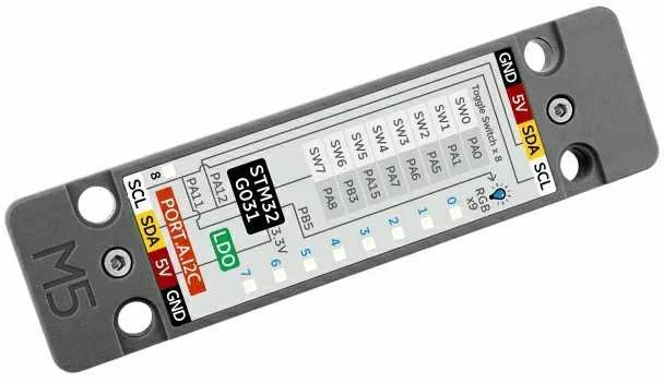 ByteSwitch – 8 jungikliai + 9 WS2812C RGB diodai – STM32G031 – Bloko išplėtimo modulis – M5Stack U191