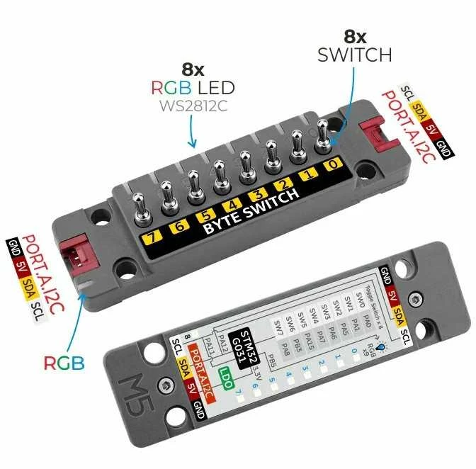 ByteSwitch – 8 jungikliai + 9 WS2812C RGB diodai – STM32G031 – Bloko išplėtimo modulis – M5Stack U191