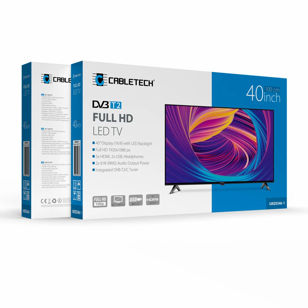 Cabletech 40 colių FHD DVB-T2 H.265 HEVC televizorius