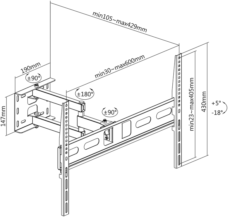 Cabletech Universalus sieninis laikiklis LED televizoriui (37-70") vertikaliai ir horizontaliai reguliuoti