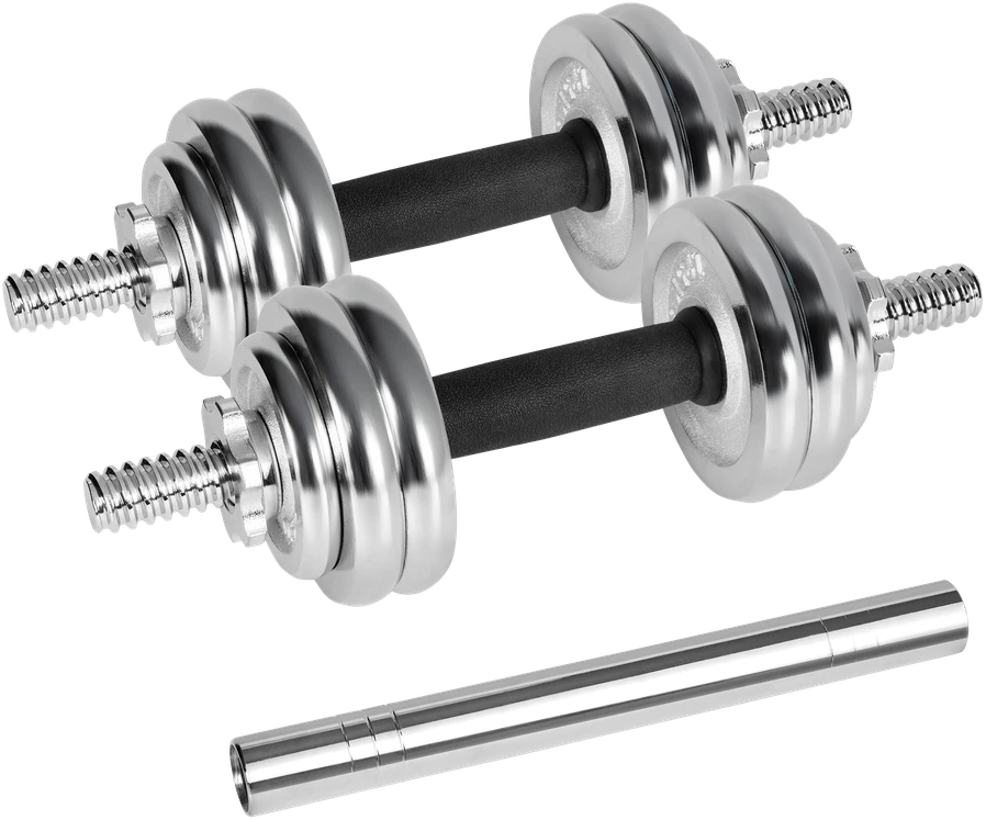 REBEL ACTIVE chromuoti reguliuojamo svorio hanteliai dėkle, 15 kg, su štanga