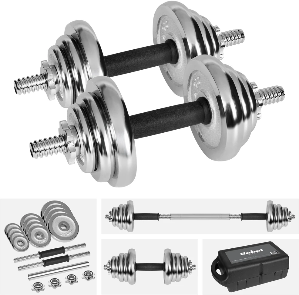 REBEL ACTIVE chromuoti reguliuojamo svorio hanteliai dėkle, 20 kg, su štanga