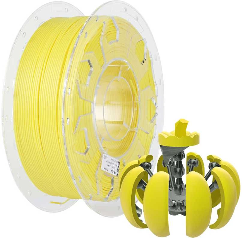 Geltona 1.75mm PLA gija su 3D atspausdintu pavyzdžiu
