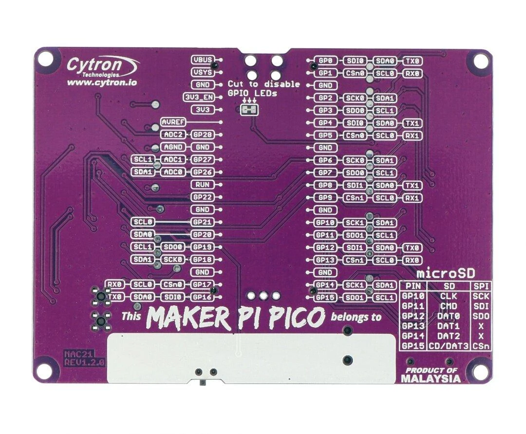 Maker Pi Pico plokštės apačia su GPIO žymėjimu