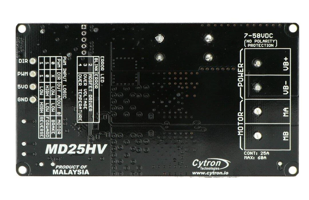Cytron MD25HV - vieno kanalo DC variklio valdiklis - 7V-58V/25A