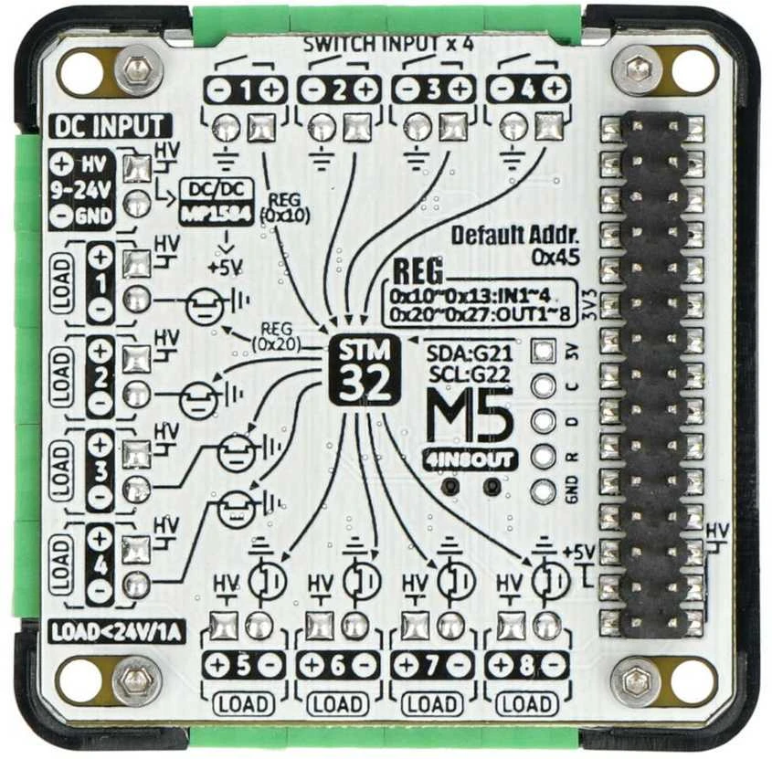 M5Stack M122 valdiklio schema su kontaktų žymėjimu