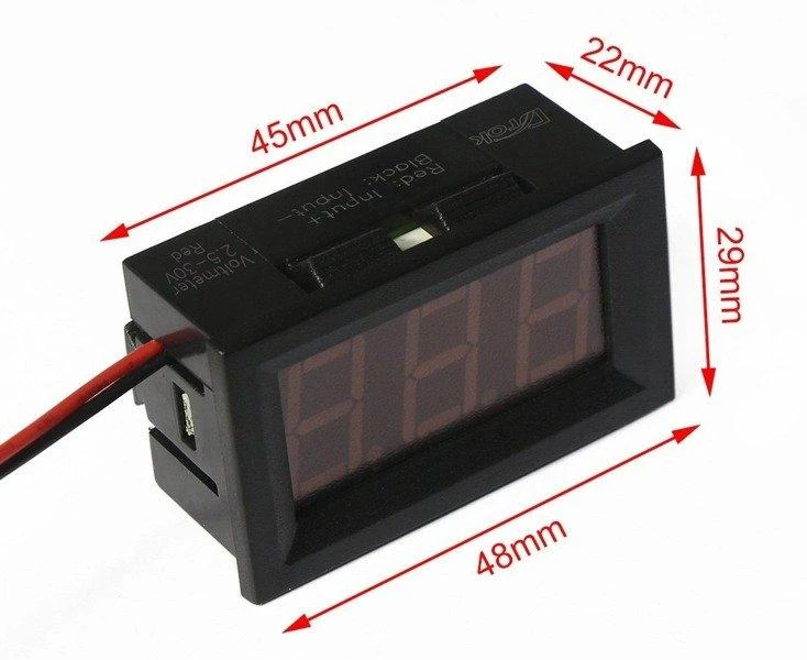 Voltmetras DC 5-30V su matmenų brėžiniu