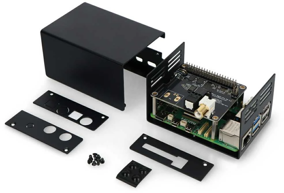 Juodas išardomas HiFiBerry ir Raspberry Pi 5 dėklas