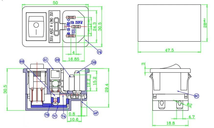Oem AC lizdas su fiksatoriumi IEC 250V - su jungikliu ir vieta saugikliui aprašymas - Prekės nuotrauka