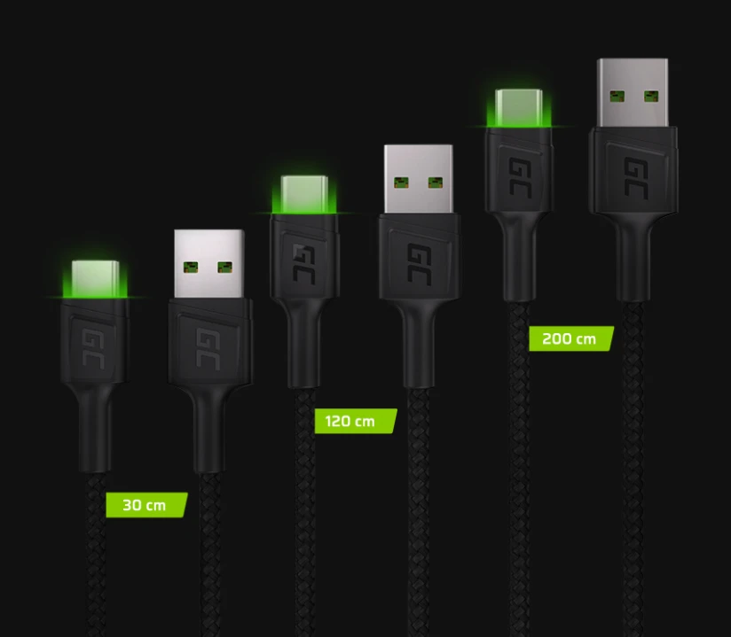 Green Cell Žalias Cell Žalias Cell USB-C kabelių komplektas 3x QC 3.0 0.3 m 1.2 m 2 m aprašymas - Prekės nuotrauka