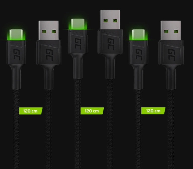 Green Cell Žalias Cell Žalias Cell USB-C kabelių komplektas 3x QC 3.0 1.20 m aprašymas - Prekės nuotrauka