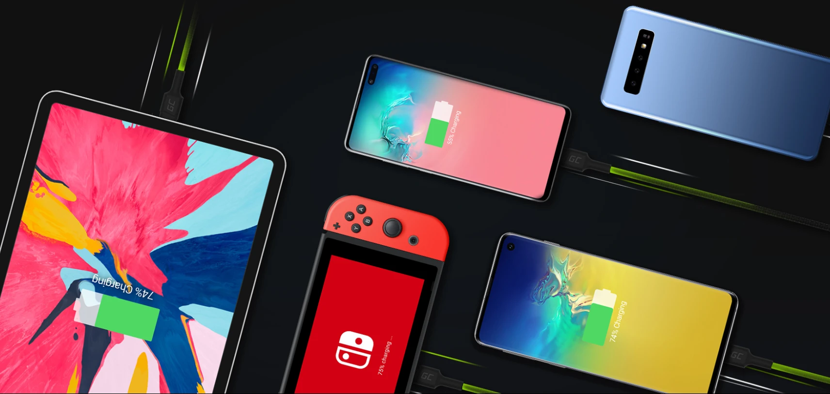 Green Cell Žalias Cell Žalias Cell USB-C kabelių komplektas 3x QC 3.0 1.20 m aprašymas - Prekės nuotrauka