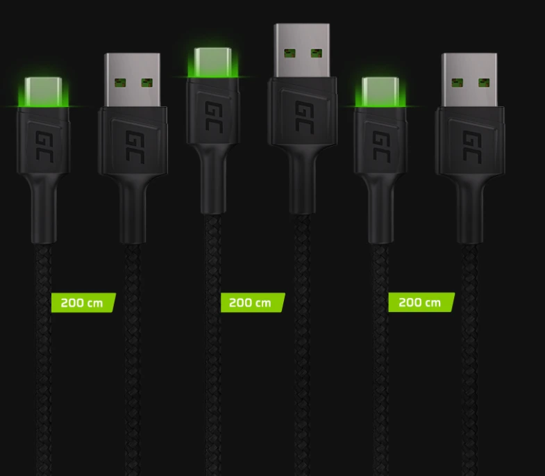 Green Cell Žalias Cell Žalias Cell USB-C kabelių komplektas 3x QC 3.0 2 m aprašymas - Prekės nuotrauka