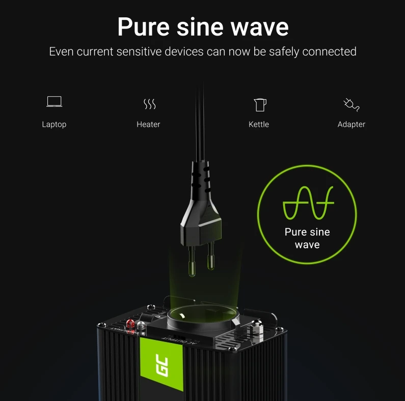 Green Cell Žalias Cell Inverteris 24V/230V 300W/600W sinusinė išėjimo įtampa Žalias Cell aprašymas - Prekės nuotrauka