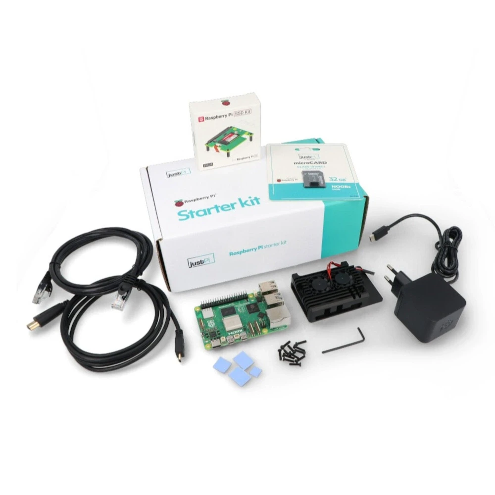 justPi Pro rinkinys – Raspberry Pi 5 WiFi 8 GB RAM + SSD + 32 GB Micro SD + oficialūs priedai aprašymas - Prekės nuotrauka