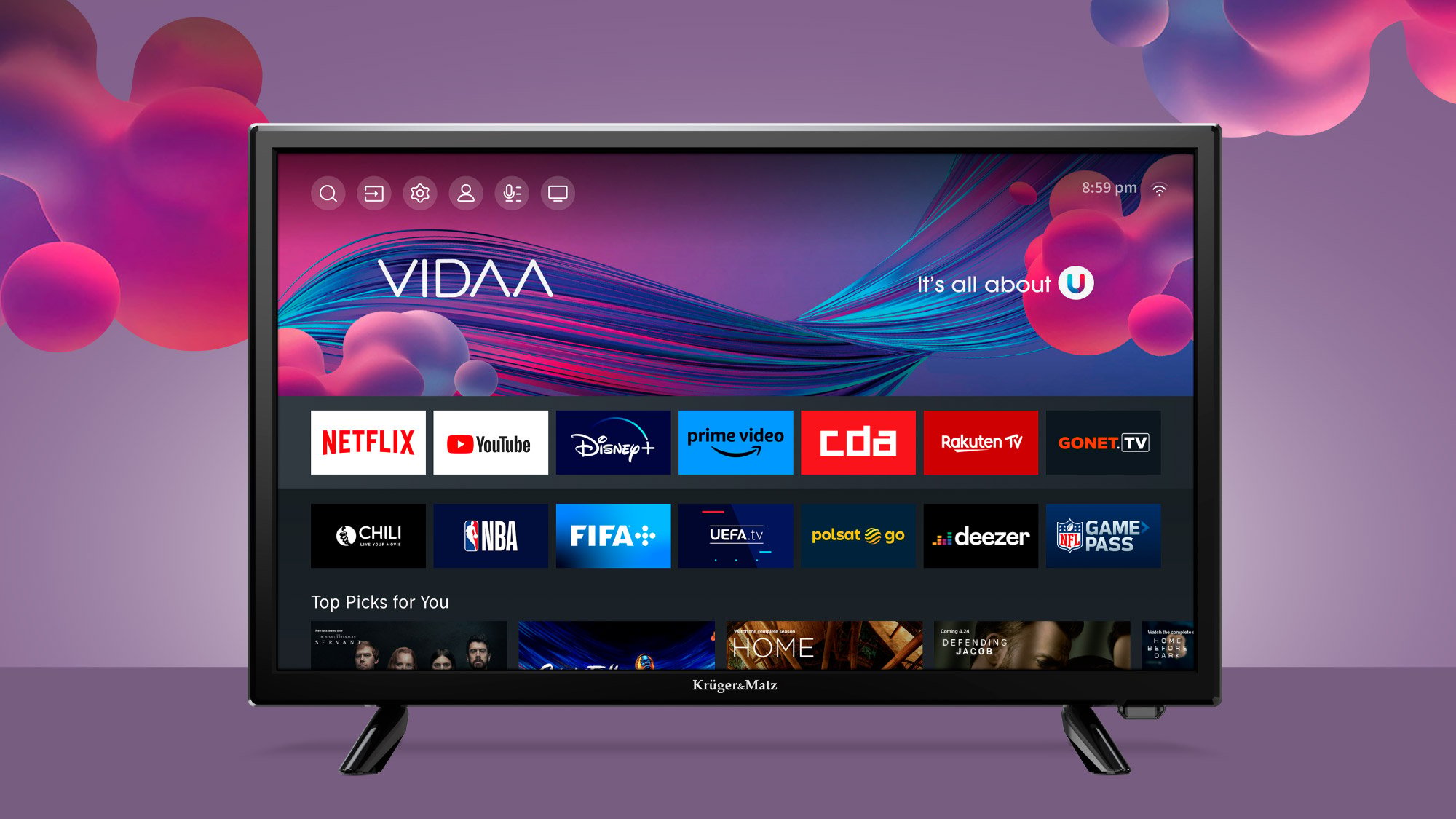 Kruger & Matz 24 colių išmanusis VIDAA DVB-T2 televizorius aprašymas - Prekės nuotrauka