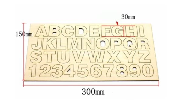 Oem Modelinė fanera su abėcėle ir skaičiais 0-9 - 300x150x3mm aprašymas - Prekės nuotrauka