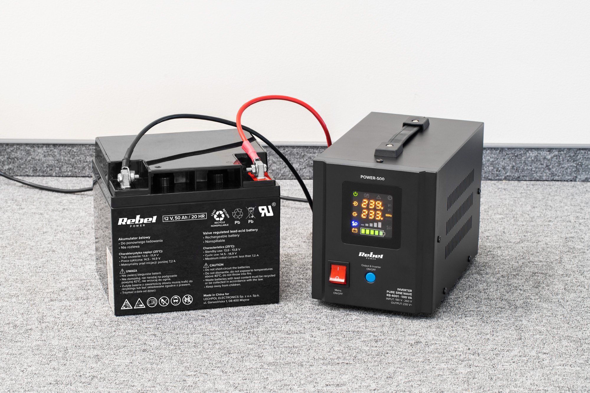 Nepertraukiamo maitinimo šaltinis Rebel POWER-500 - inverteris su gryna sinusine banga ir įkrovimo funkcija 12V 230V 500VA 300W aprašymas - Prekės nuotrauka