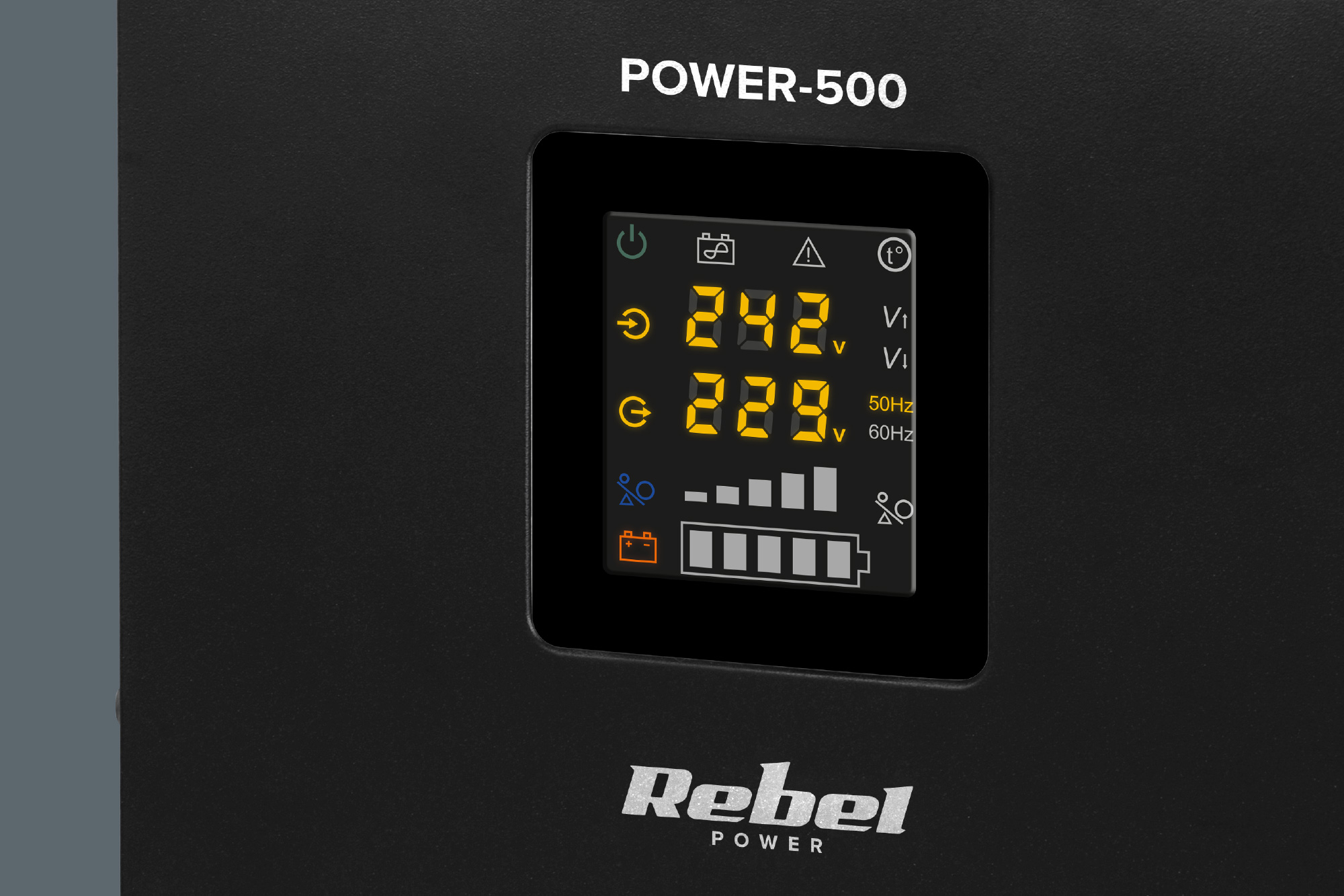Rebel POWER-500 Sieninis avarinis maitinimo šaltinis – grynos sinusinės bangos keitiklis su įkrovimo funkcija 12V 230V 500VA 300W aprašymas - Prekės nuotrauka