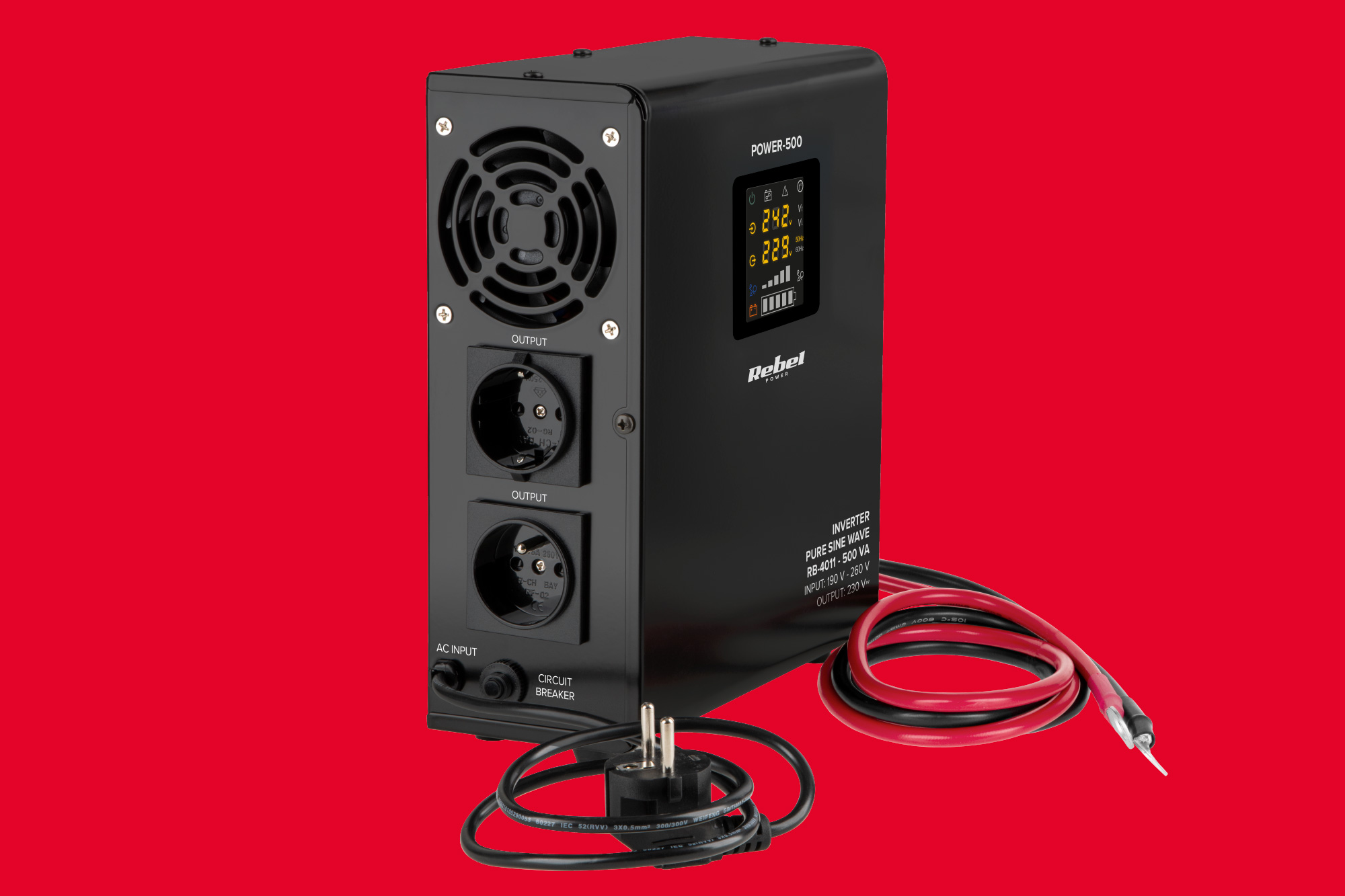 Rebel POWER-500 Sieninis avarinis maitinimo šaltinis – grynos sinusinės bangos keitiklis su įkrovimo funkcija 12V 230V 500VA 300W aprašymas - Prekės nuotrauka