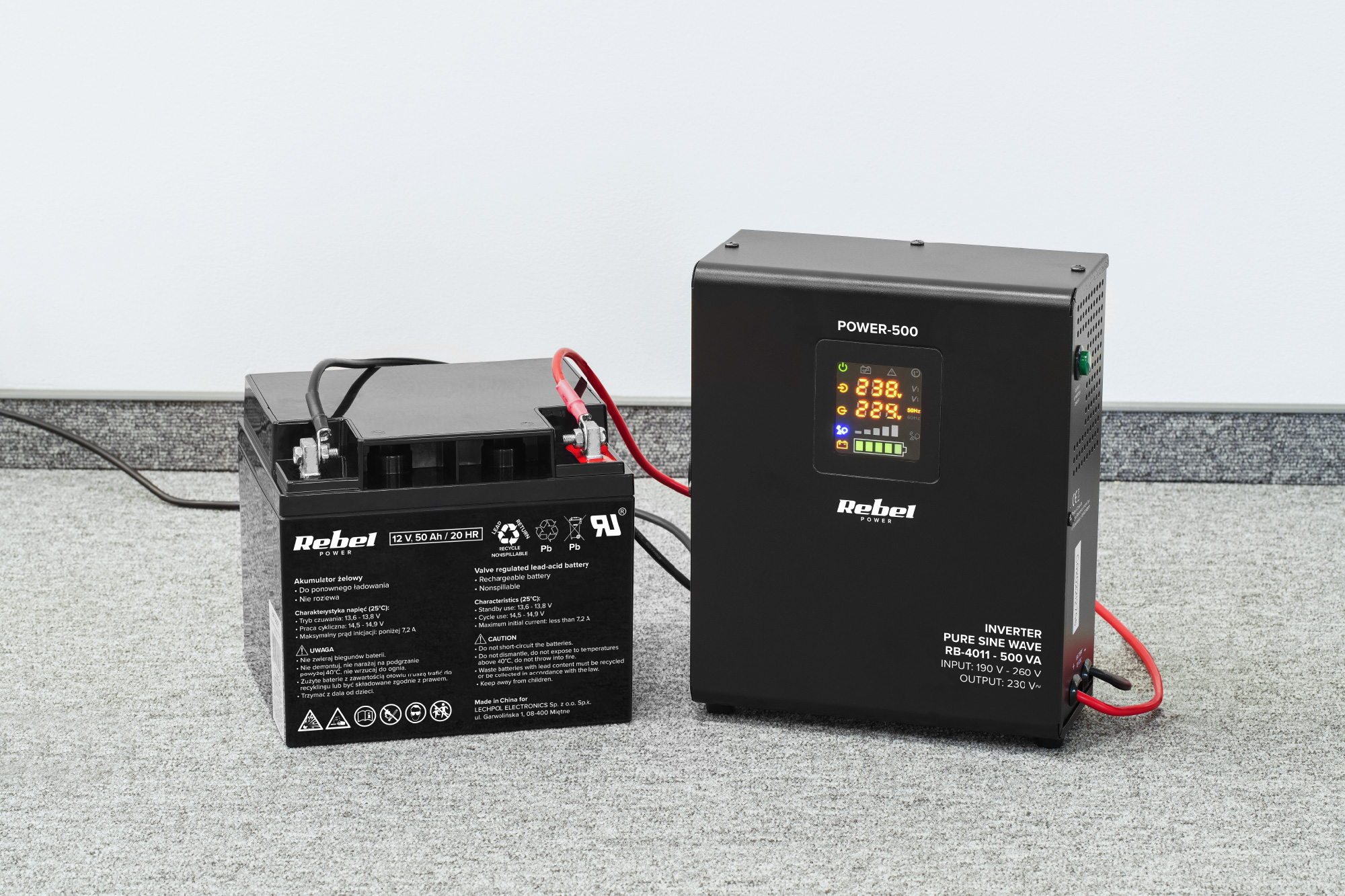 Rebel POWER-500 Sieninis avarinis maitinimo šaltinis – grynos sinusinės bangos keitiklis su įkrovimo funkcija 12V 230V 500VA 300W aprašymas - Prekės nuotrauka