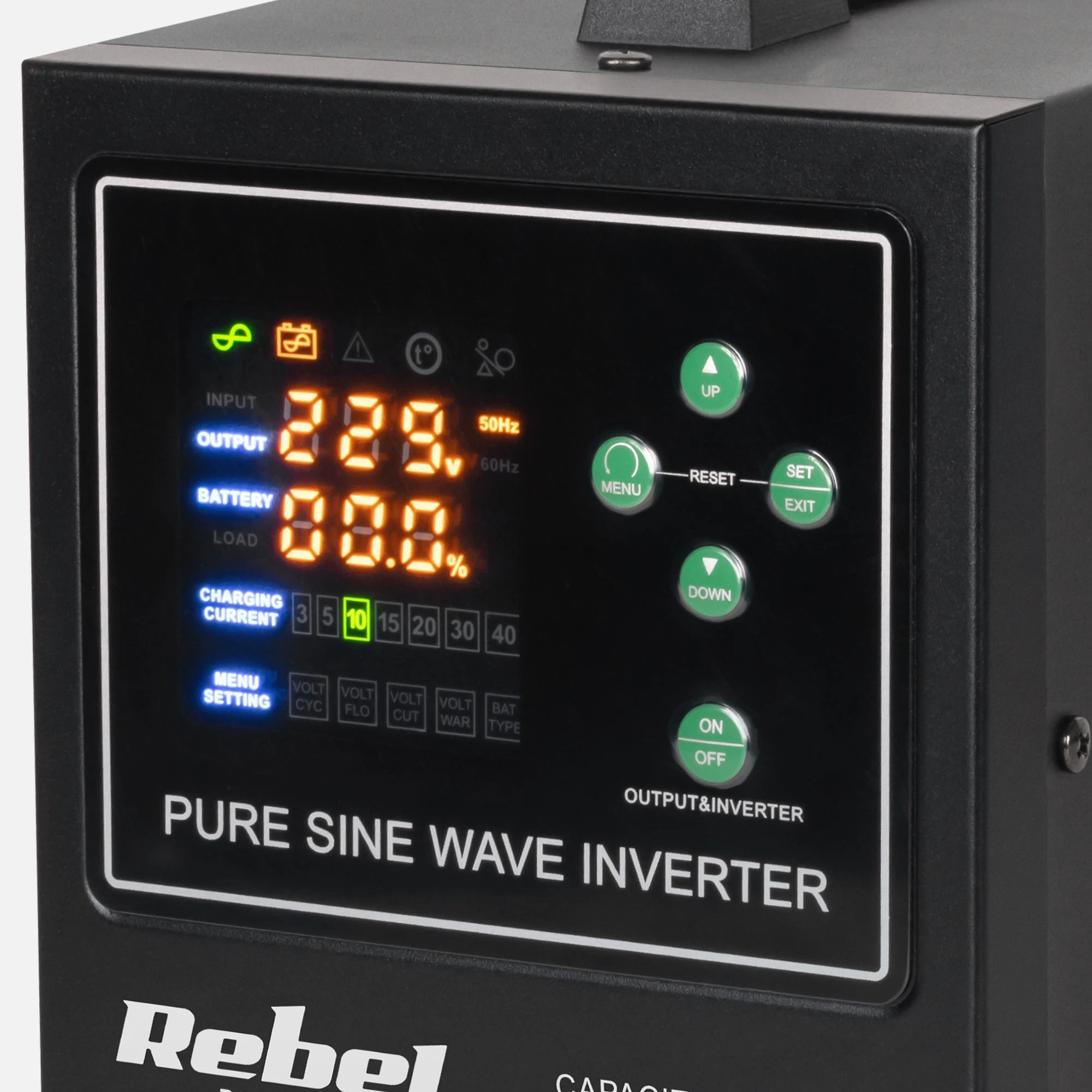 Rebel POWER-800-LFP4 avarinis maitinimo šaltinis – keitiklis su gryna sinusine banga ir įkrovimo funkcija 12V 230V 800VA 500W aprašymas - Prekės nuotrauka