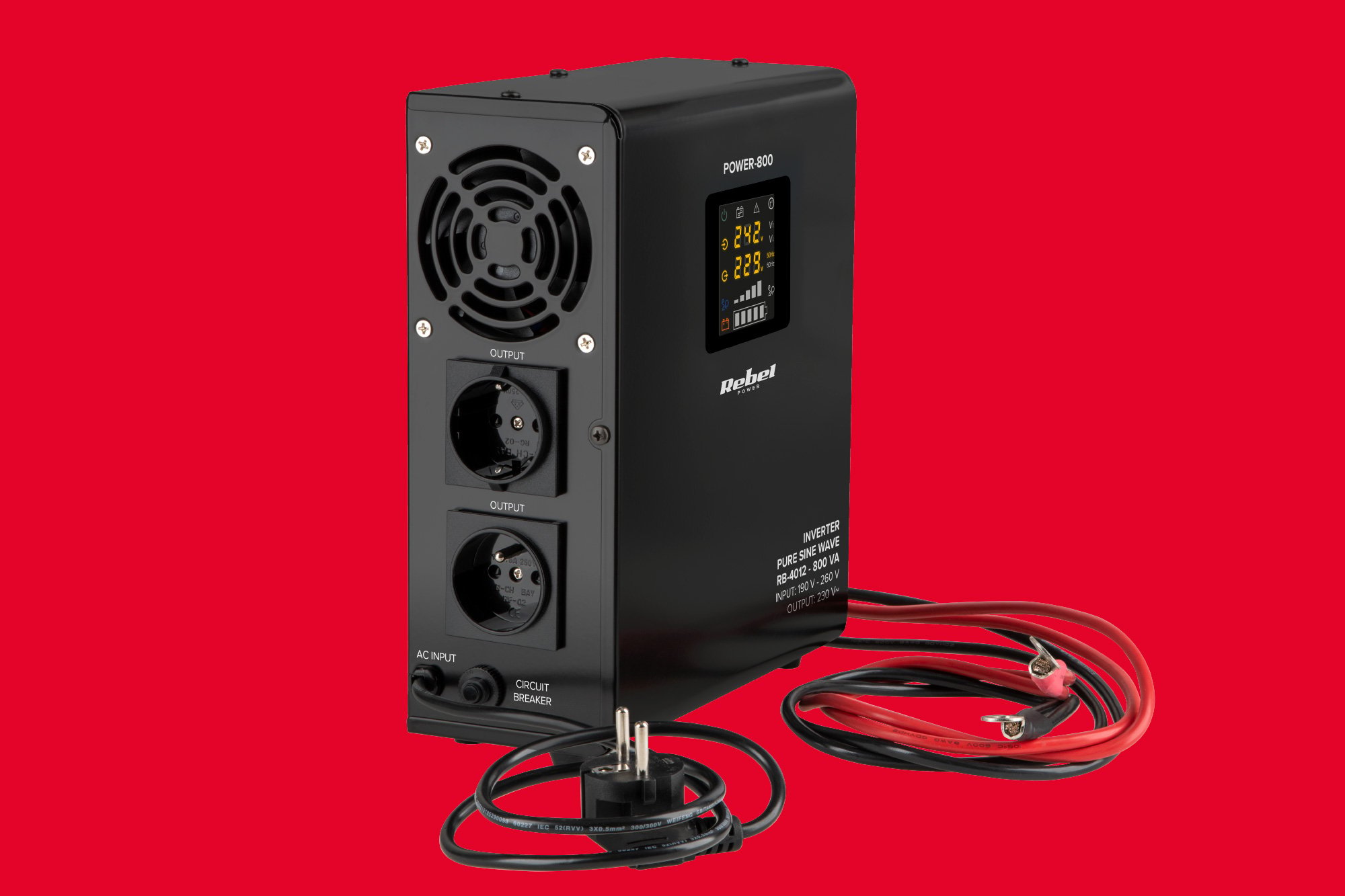Rebel POWER-800 Sieninis avarinis maitinimo šaltinis – pilnos sinusinės bangos keitiklis su įkrovimo funkcija 12V 230V 800VA 500W aprašymas - Prekės nuotrauka
