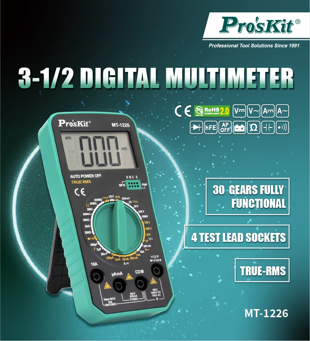 Skaitmeninis True RMS Pro’sKit MT-1226 multimetras su 1000V DC ir 750V AC matavimu iki 10A bei diodų tranzistorių ir grandinės testavimo funkcijomis aprašymas - Prekės nuotrauka
