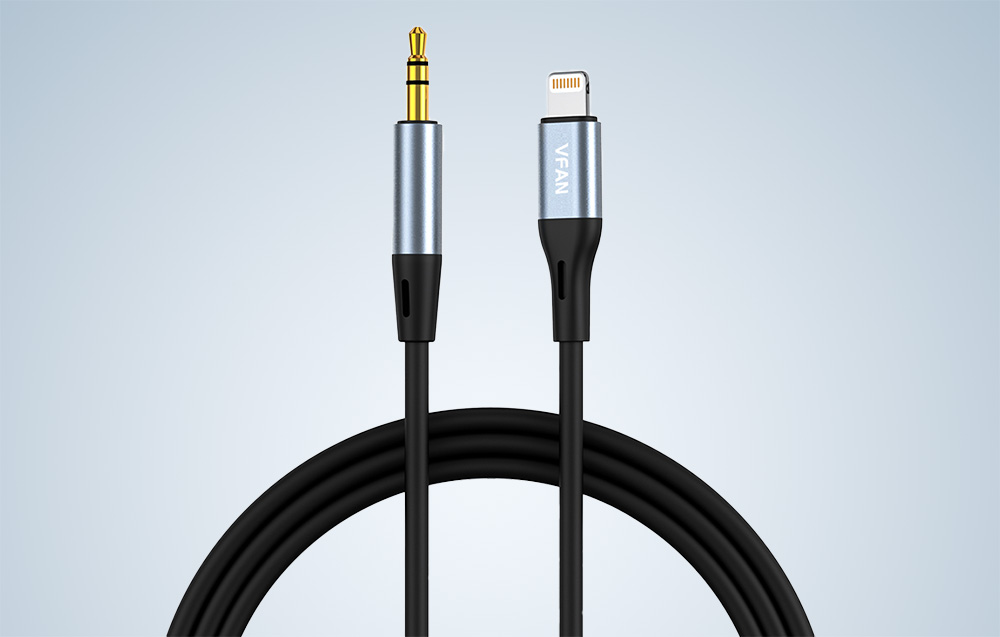 Vipfan Lightning - mini AUX 3.5mm kabelis 1m - Pilkas aprašymas - Prekės nuotrauka