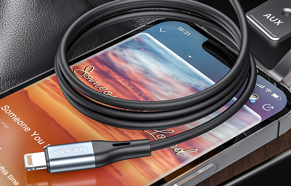 Vipfan Lightning - mini AUX 3.5mm kabelis 1m - Pilkas aprašymas - Prekės nuotrauka
