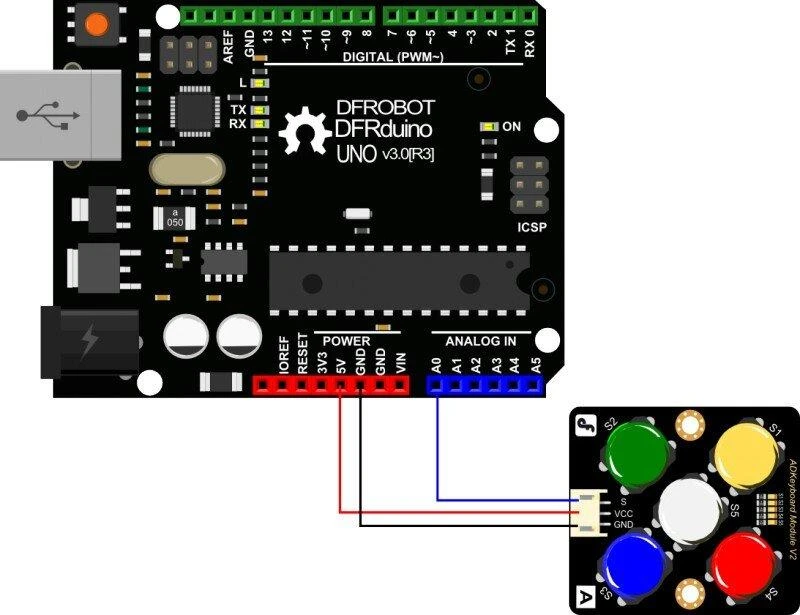 ADKeyboard v2 klaviatūros modulio prijungimo schema