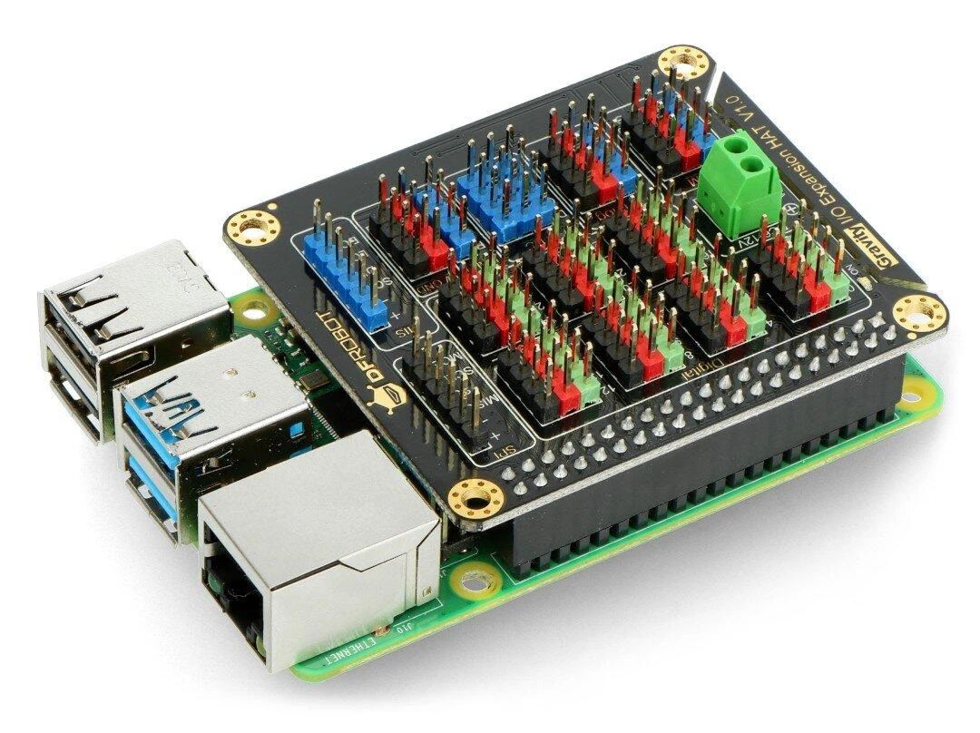 DFRobot DFR0566 IO išplėtimo priedėlis HAT, skirtas Raspberry Pi 4B / 3B+ / 3B / 2B