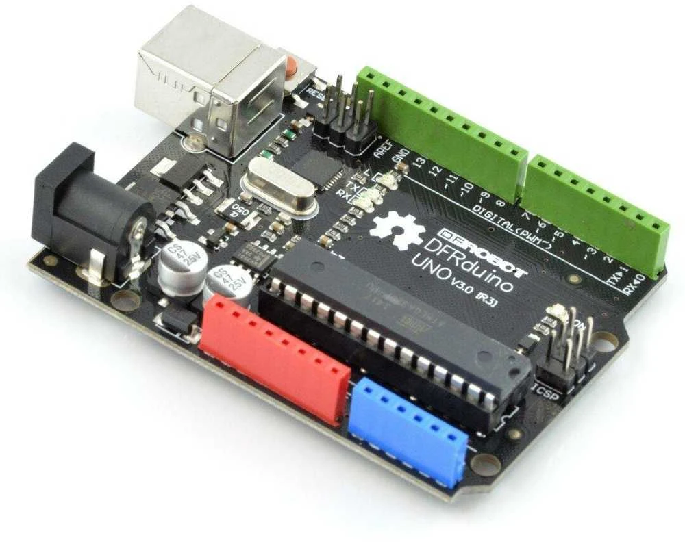 DFRduino Uno v3 mikrovaldiklio plokštė su spalvotomis jungtimis