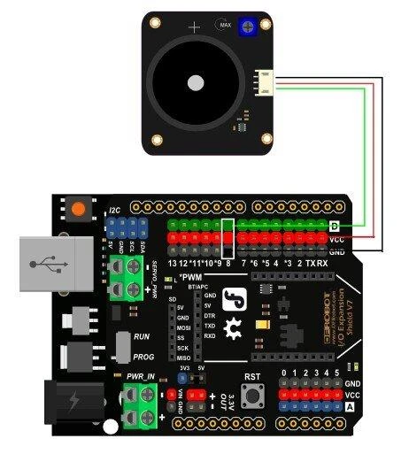 DFRobot garsiakalbis su laidų sujungimo schema