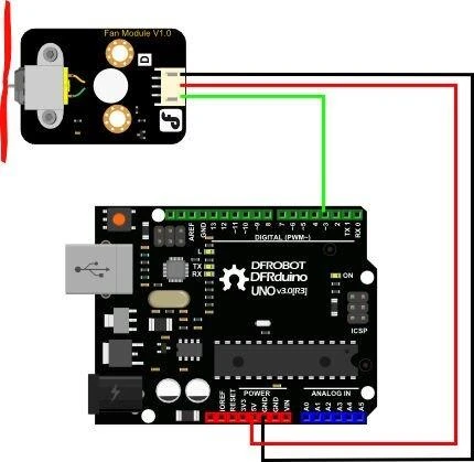 Ventiliatoriaus modulio jungimo schema su Arduino