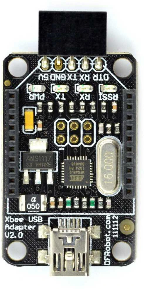 DFRobot XBee adapterio viršutinė dalis su USB jungtimi