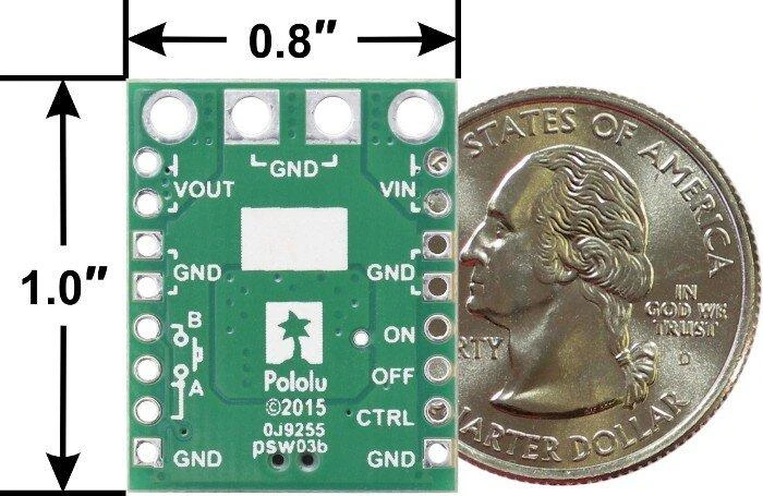 Pololu 2813 MOSFET jungiklis su matmenų palyginimu