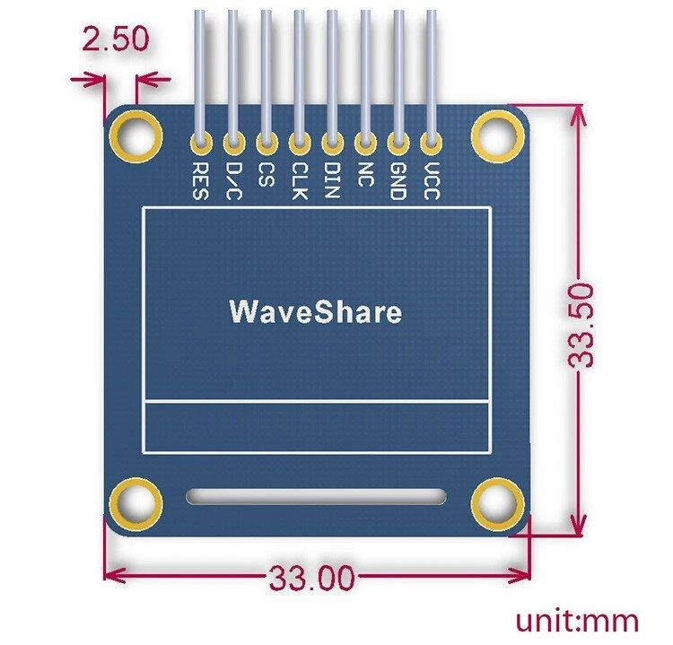 Dviejų spalvų grafinis OLED ekranas 0.96" (B) 128x64px SPI/I2C, tiesios jungtys, Waveshare 9092