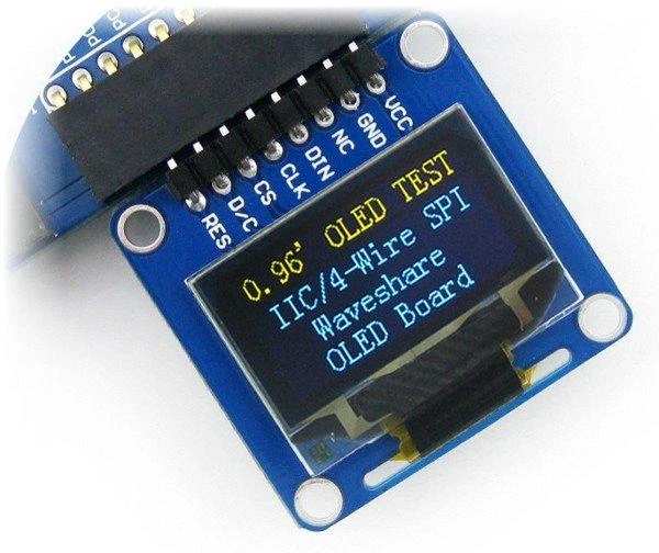 Dviejų spalvų grafinis OLED ekranas 0.96" (A) 128x64px SPI/I2C, kampinės jungtys, Waveshare 9085