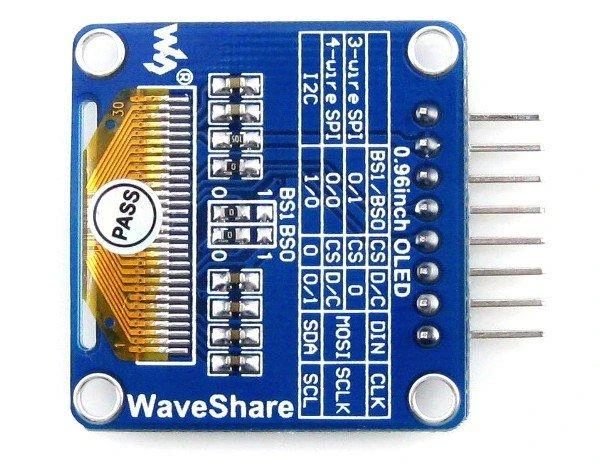 Dviejų spalvų grafinis OLED ekranas 0.96" (A) 128x64px SPI/I2C, kampinės jungtys, Waveshare 9085