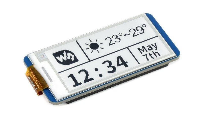 Waveshare 2.13 colių e-ink ekranas su pavaizduotais duomenimis