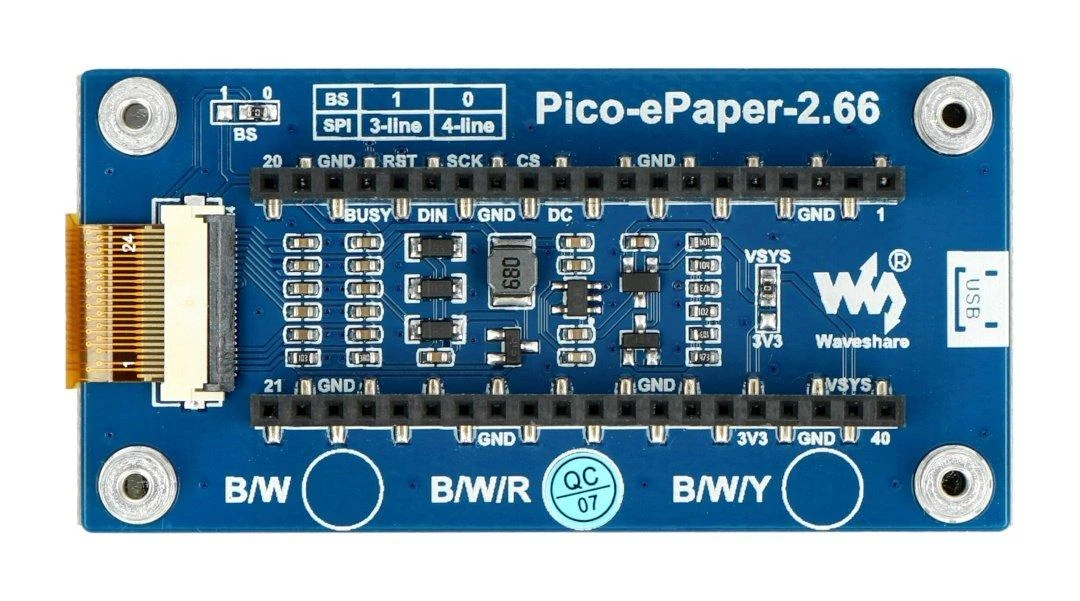 E-paper E-Ink ekranas, 2.66” 296x152px, SPI, juodas, raudonas, baltas, skirtas Raspberry Pi Pico, Waveshare 20053