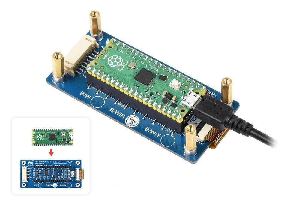 E-Paper E-Ink ekranas 2.9” 296x128px, SPI, 3 spalvų, skirtas Raspberry Pi Pico, Waveshare 19607