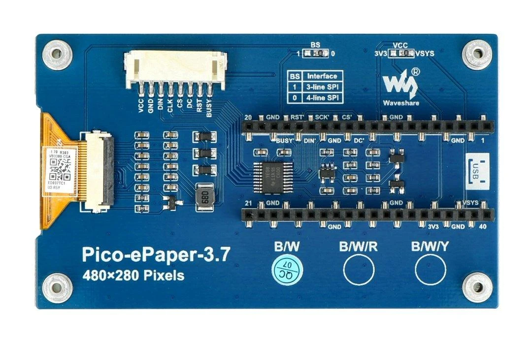 Waveshare 3.7 colių e-paper plokštė su Raspberry Pi Pico jungtimis