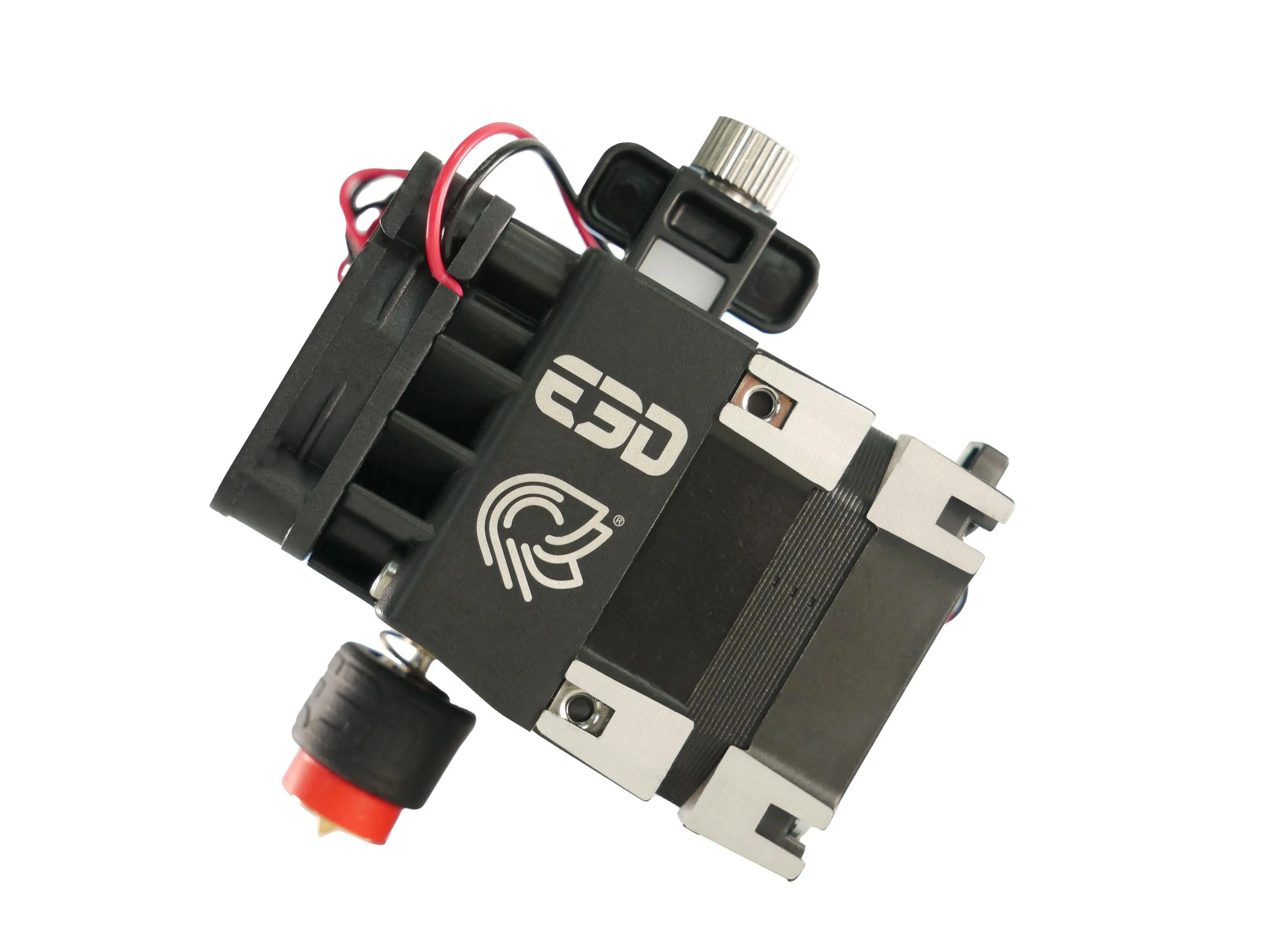 E3D Revo Hemera XS ekstruderis su raudonu purkštuku