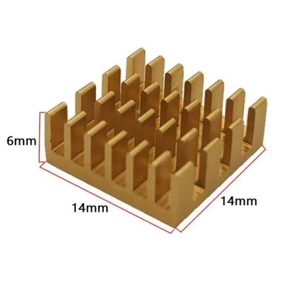 Auksinis 14x14x6mm aliuminio radiatorius su matmenų indikacija