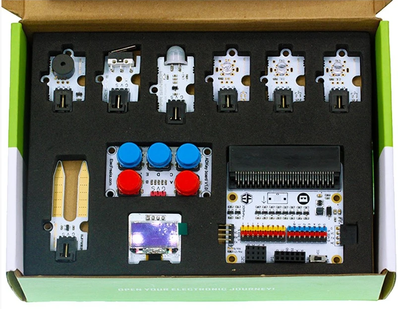 ElecFreaks Tinker rinkinio komponentai dėžutėje